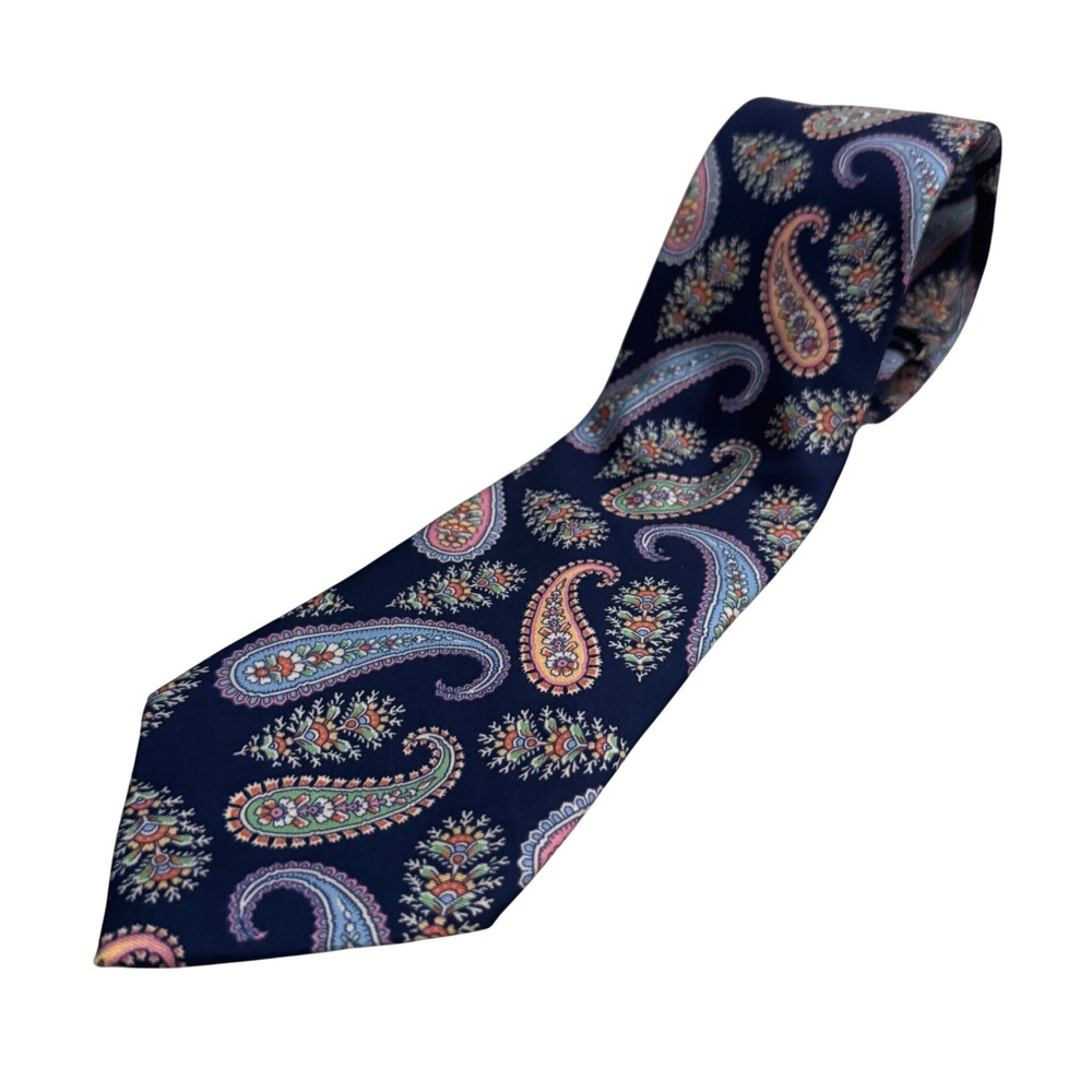 Polo Ralph Lauren Tie Navy Orange Green Paisley Floral Silk Necktie Made Italy